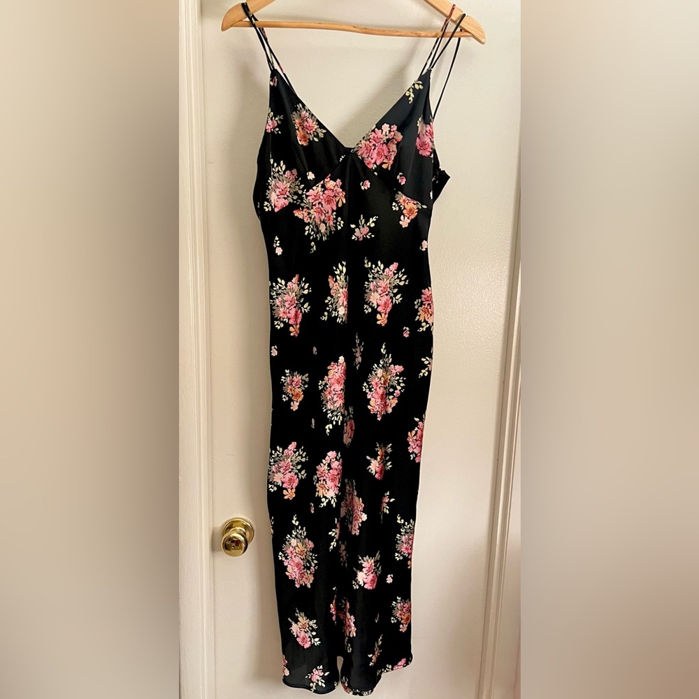 ZARA Pink Floral Black Satin Maxi Dress